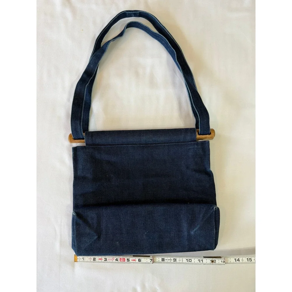 Vintage Denim Strawberry Embroidered Tote Bag 70s 80s Gingham Lining Wood Handle